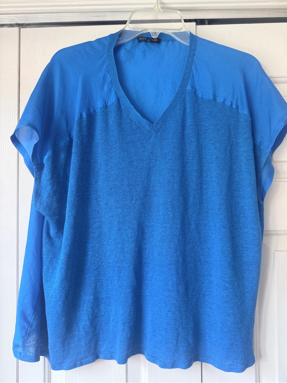 Eileen Fisher V-Neck Short Sleeve Silk/Linen Top, Blue